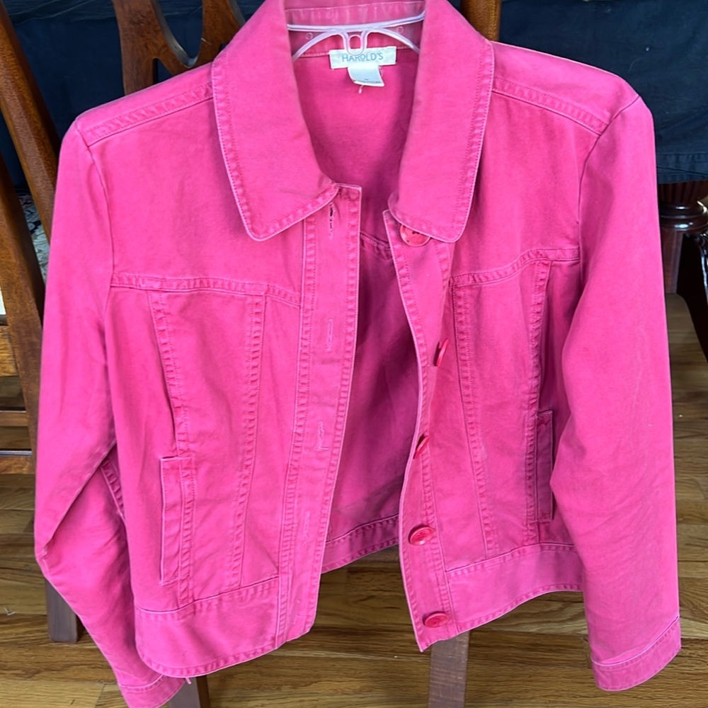 Cute distressed red jean jacket